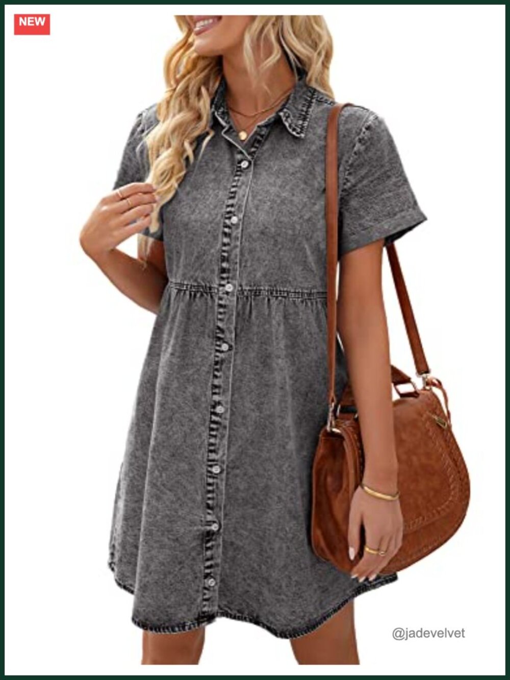Denim Babydoll Dress Short Sleeve Button Down High Low Hem Casual Jean Dress